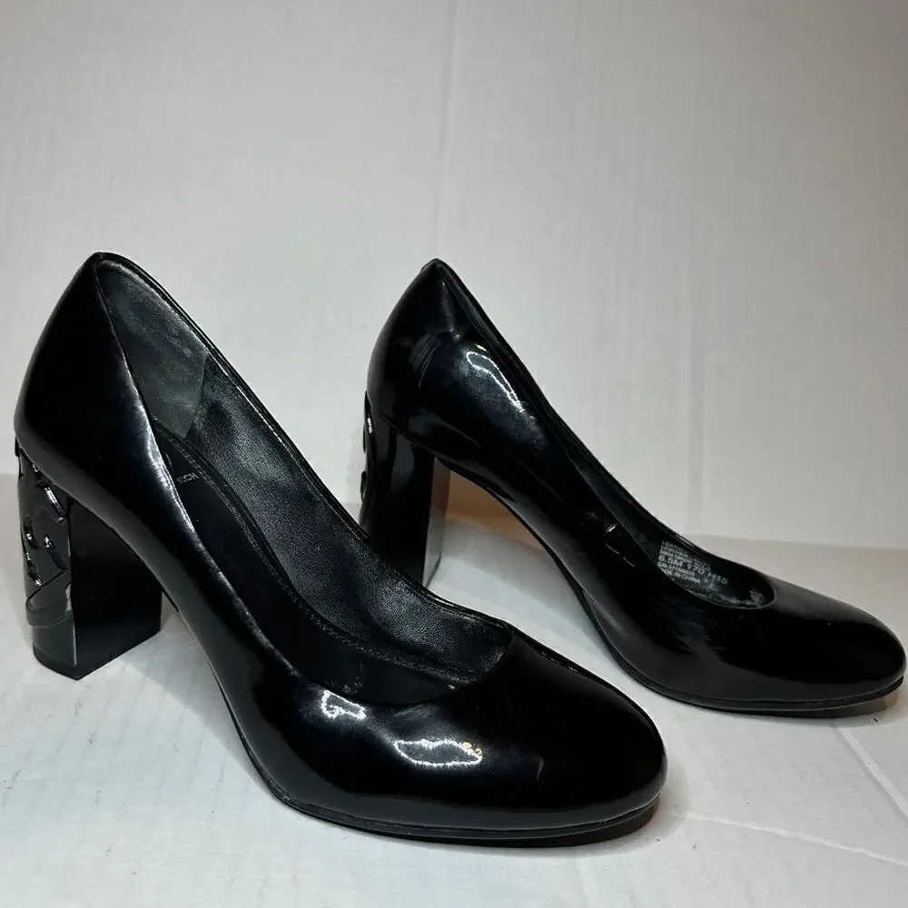 Tory Burch Size 6.5 Logo Black Patent Leather Pump Heels Workwear Office Siren